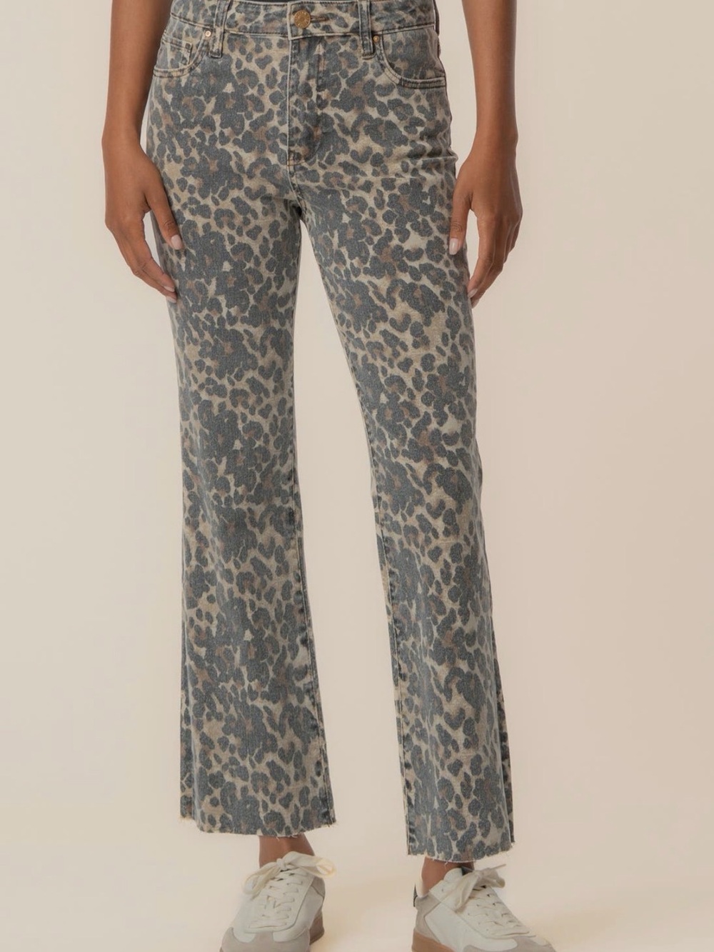 Kelsey Print Raw Hem High Waist Ankle Flare Jeans